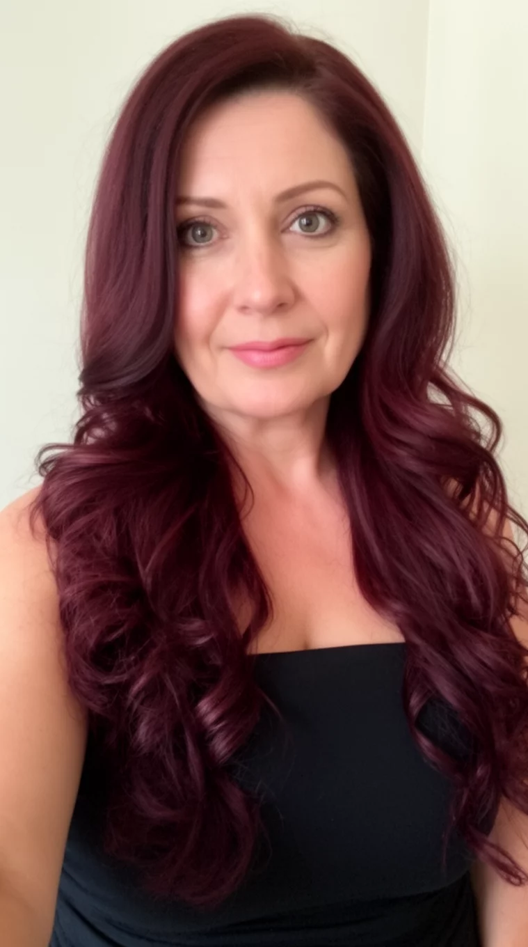 selfie of a 43-year-old woman wearing a black strapless top with a Cascading Dark Wine colored long hairstyle, front view, minimal background