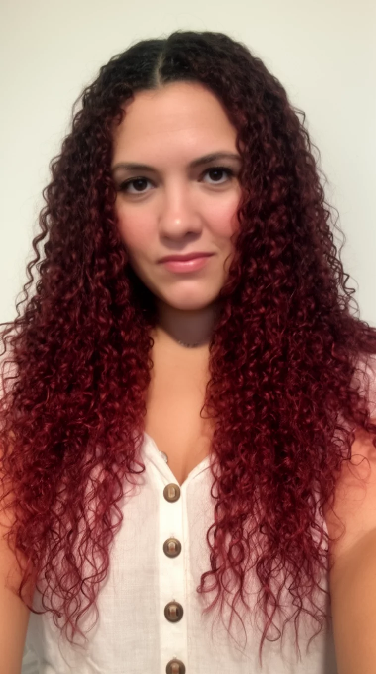 selfie of a 29-year-old woman wearing a buttoned top with a Deep Jam Curls colored long hairstyle, front view, minimal background