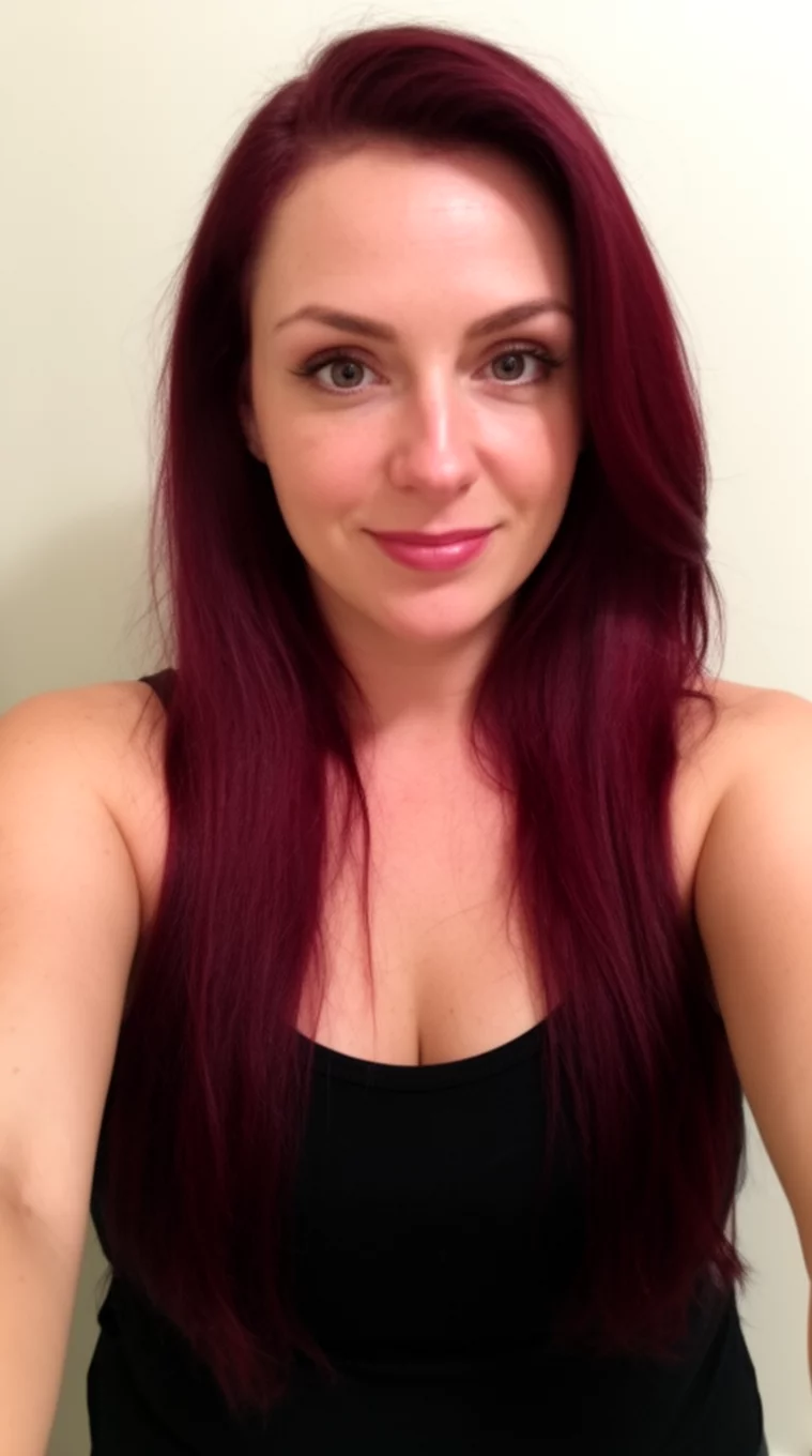 selfie of a 30-year-old woman wearing a black tank top with a Playful Deep Merlot colored long hairstyle, front view, minimal background
