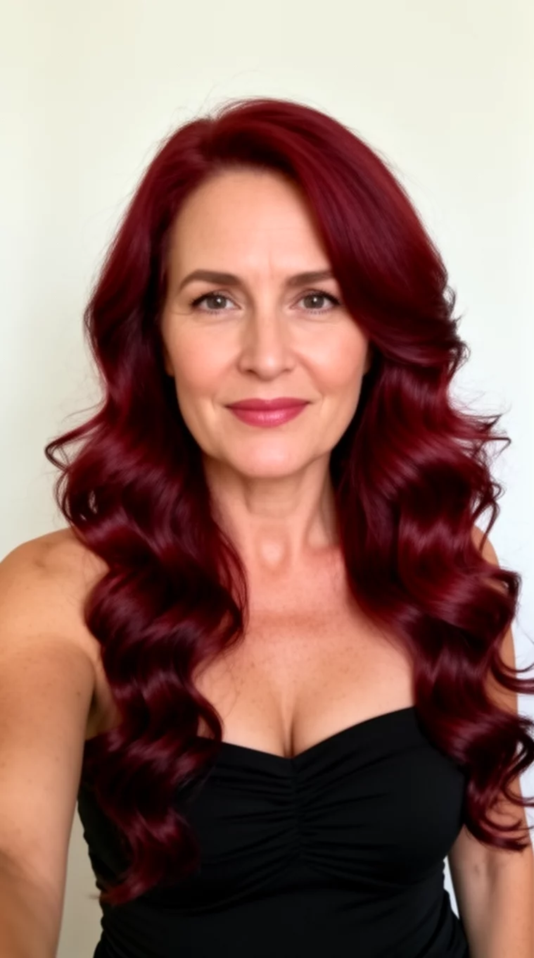 selfie of a 45-year-old woman wearing a black strapless top with a Rich Mahogany Waves colored long hairstyle, front view, minimal background