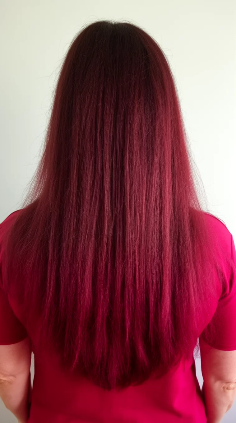 selfie of a 47-year-old woman wearing a simple top with a Dimensional Ruby Red colored long hairstyle, back view, minimal background