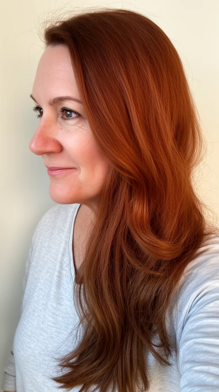 selfie of a 41-year-old woman wearing a casual top with a Warm Cinnamon Brown colored long hairstyle, side view, minimal background