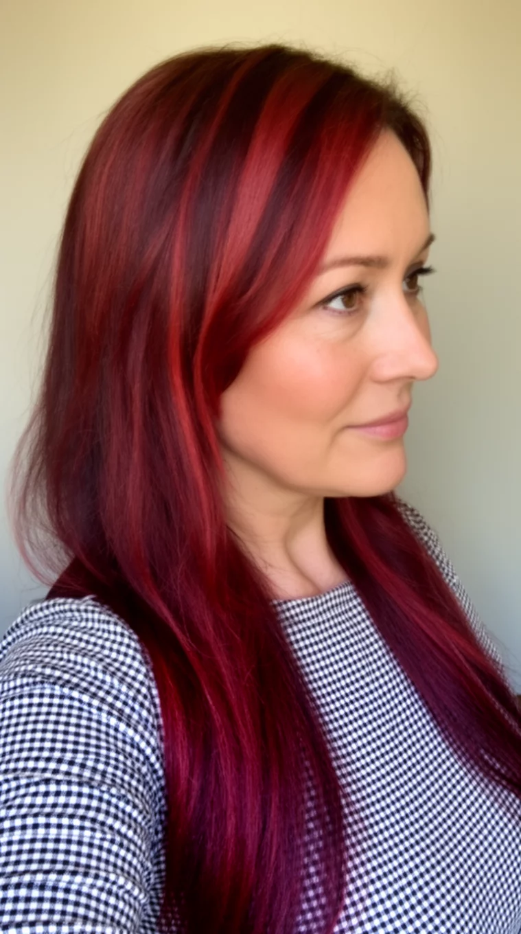 selfie of a 38-year-old woman wearing a checked top with a Dark Cherry With Sun Kissed Highlights colored long hairstyle, side view, minimal background