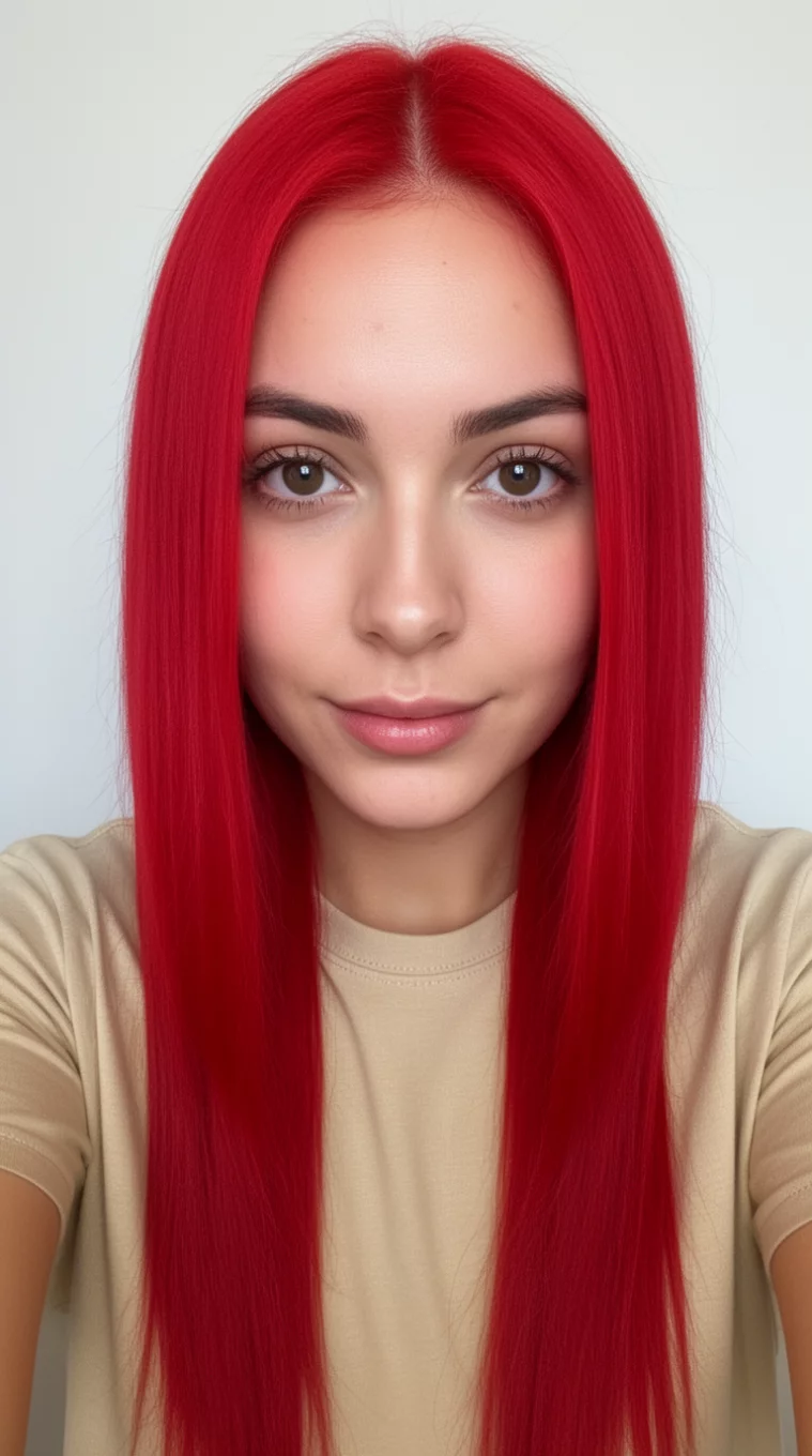 selfie of a 28-year-old woman wearing a graphic tee with a Vivid Face Framing Red colored long hairstyle, front view, minimal background