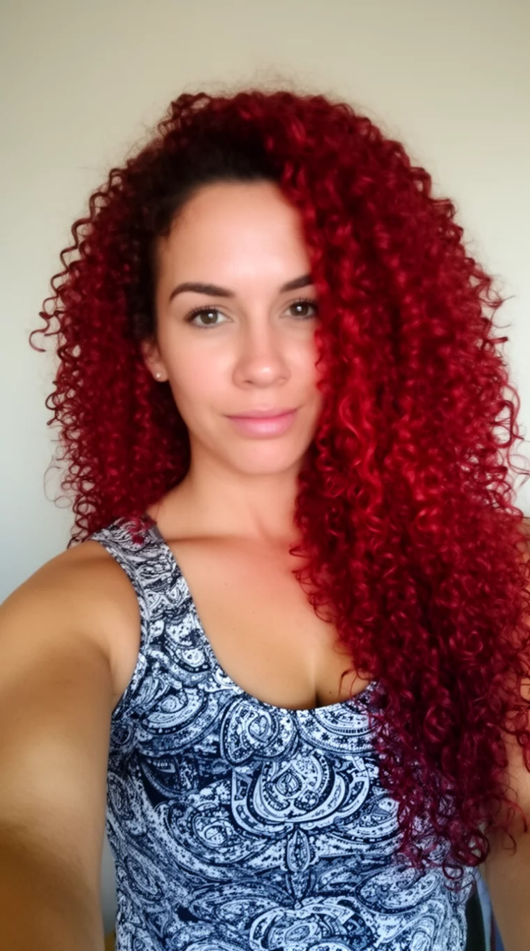 selfie of a 31-year-old woman wearing a patterned tank top with a Voluminous Scarlet Curls colored long hairstyle, front view, minimal background