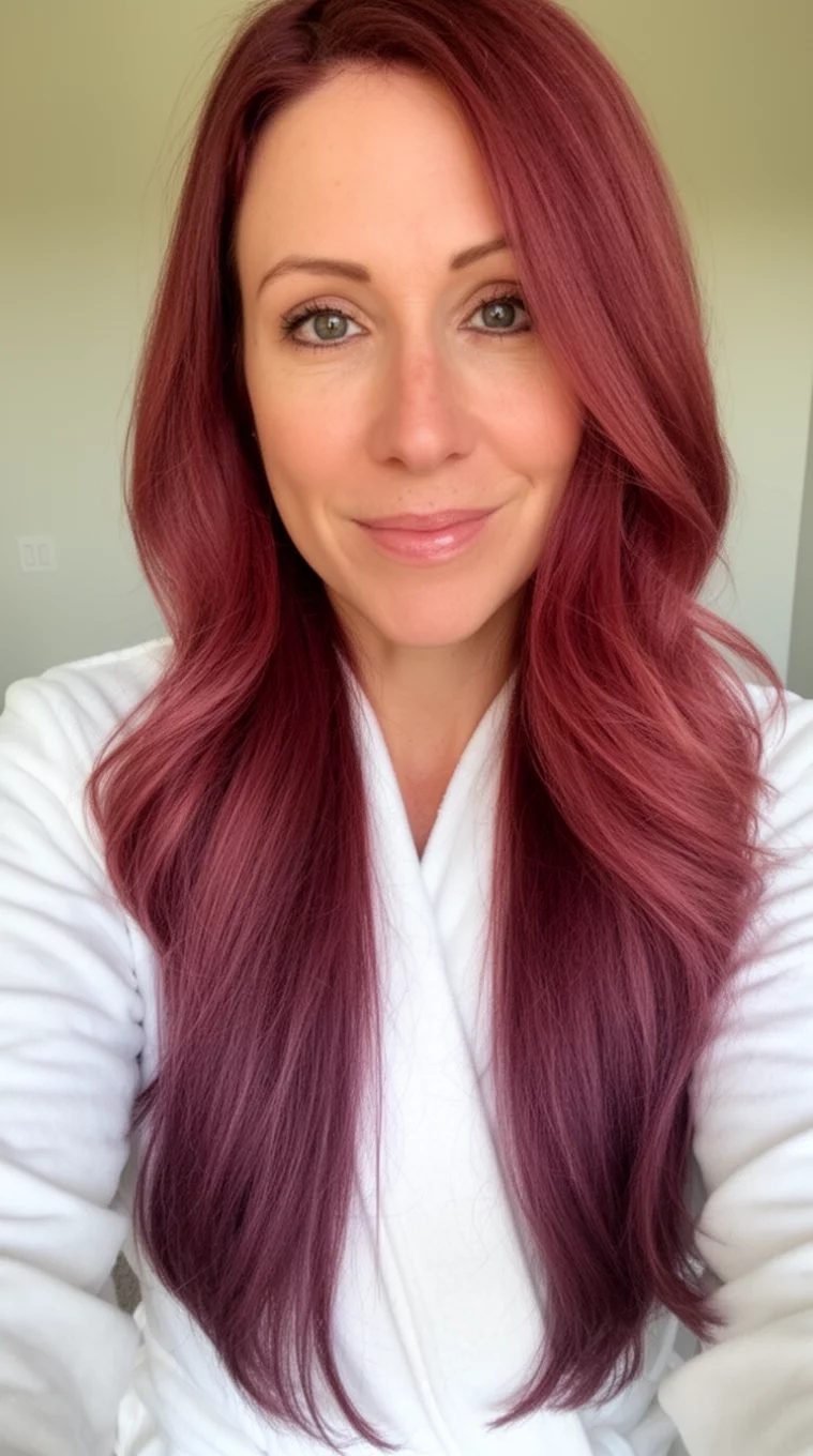 selfie of a 35-year-old woman wearing a white robe with a Dusty Rose Burgundy Fusion colored long hairstyle, front view, minimal background