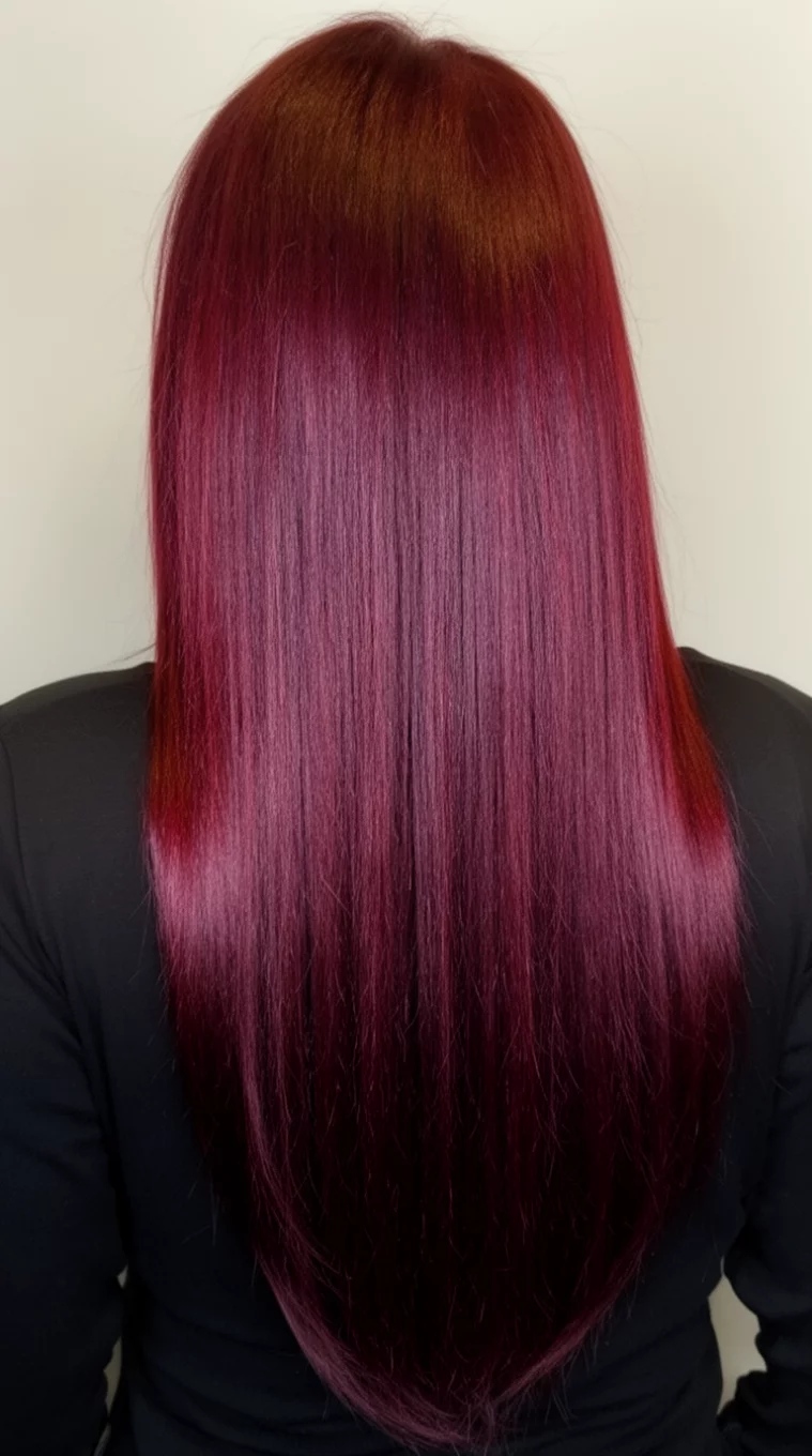 selfie of a 42-year-old woman wearing a black top with a Opulent High Shine Burgundy colored long hairstyle, back view, minimal background