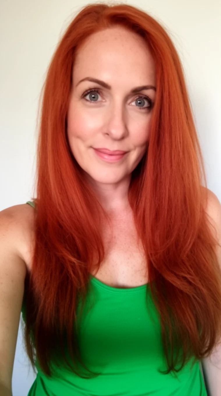 selfie of a 35-year-old woman wearing a green tank top with a Sun Drenched Copper Red colored long hairstyle, front view, minimal background