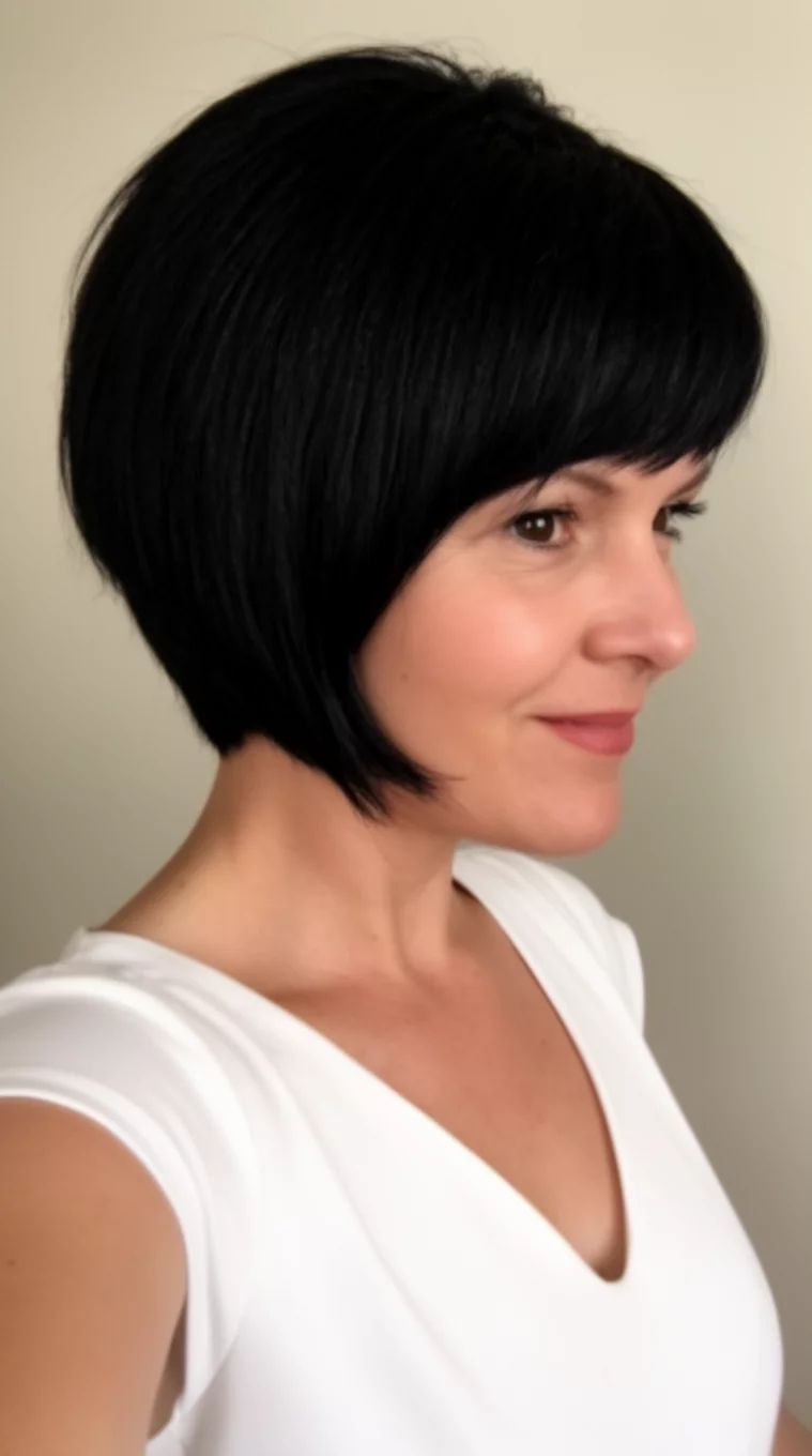 selfie of a 38-year-old woman wearing a white top with a very short, rounded, black angled bob hairstyle, side view, minimal background