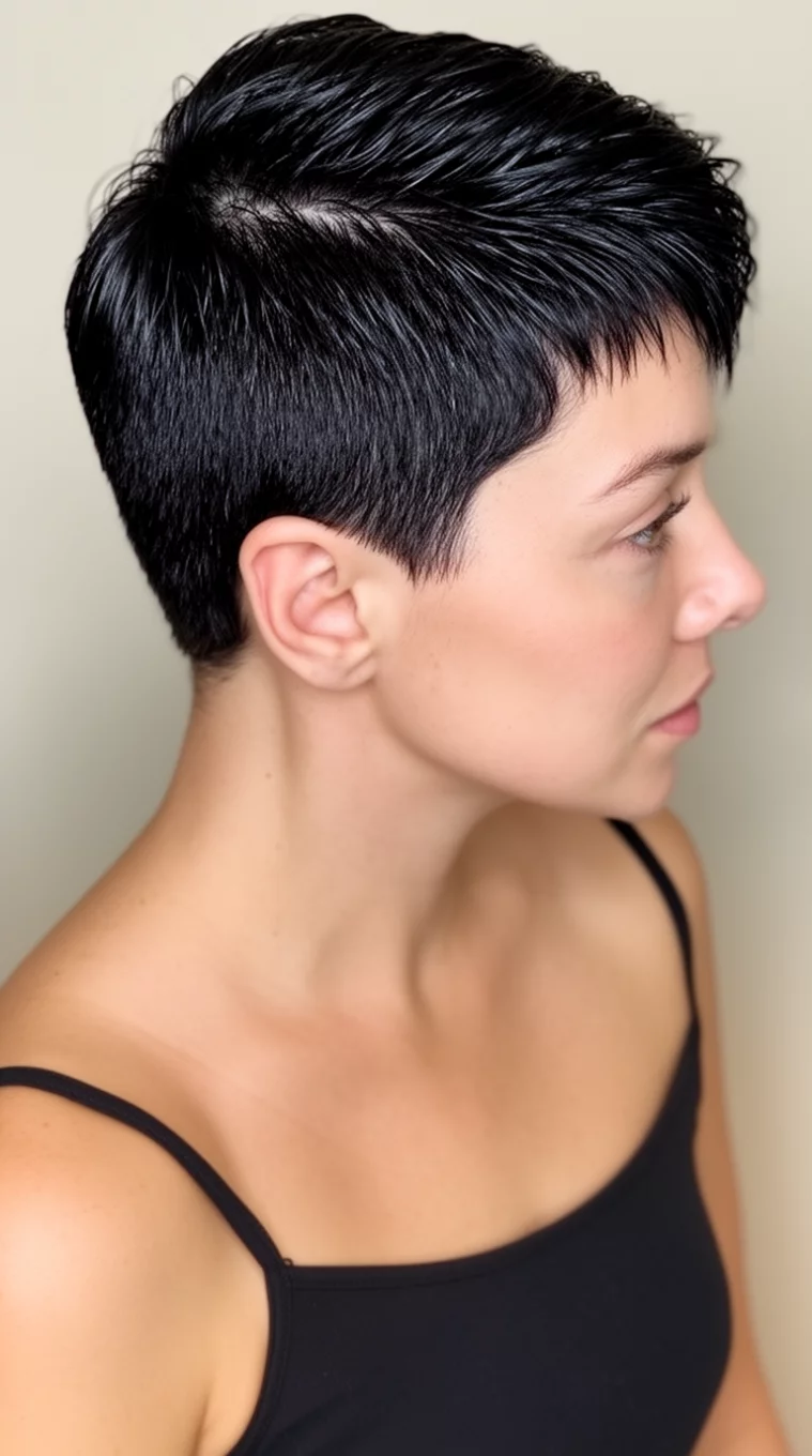 casual photo of a 36-year-old woman wearing a black spaghetti strap top with a very short, slicked-back, dark black pixie cut hairstyle, side view, minimal background