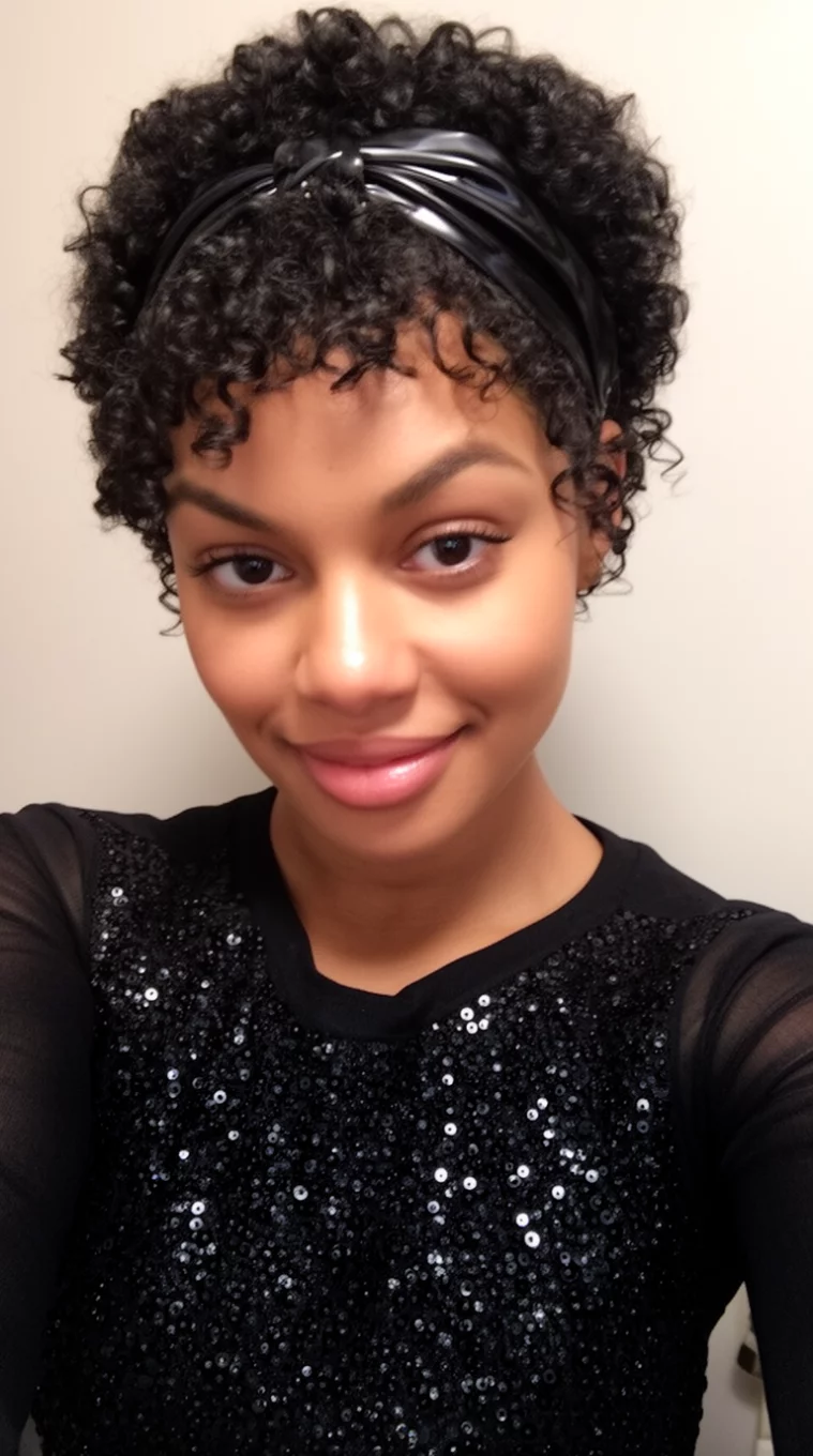 selfie of a 27-year-old woman wearing a black embellished top with a very short, tightly curled black hair styled with a shiny black headband hairstyle, front view, minimal background