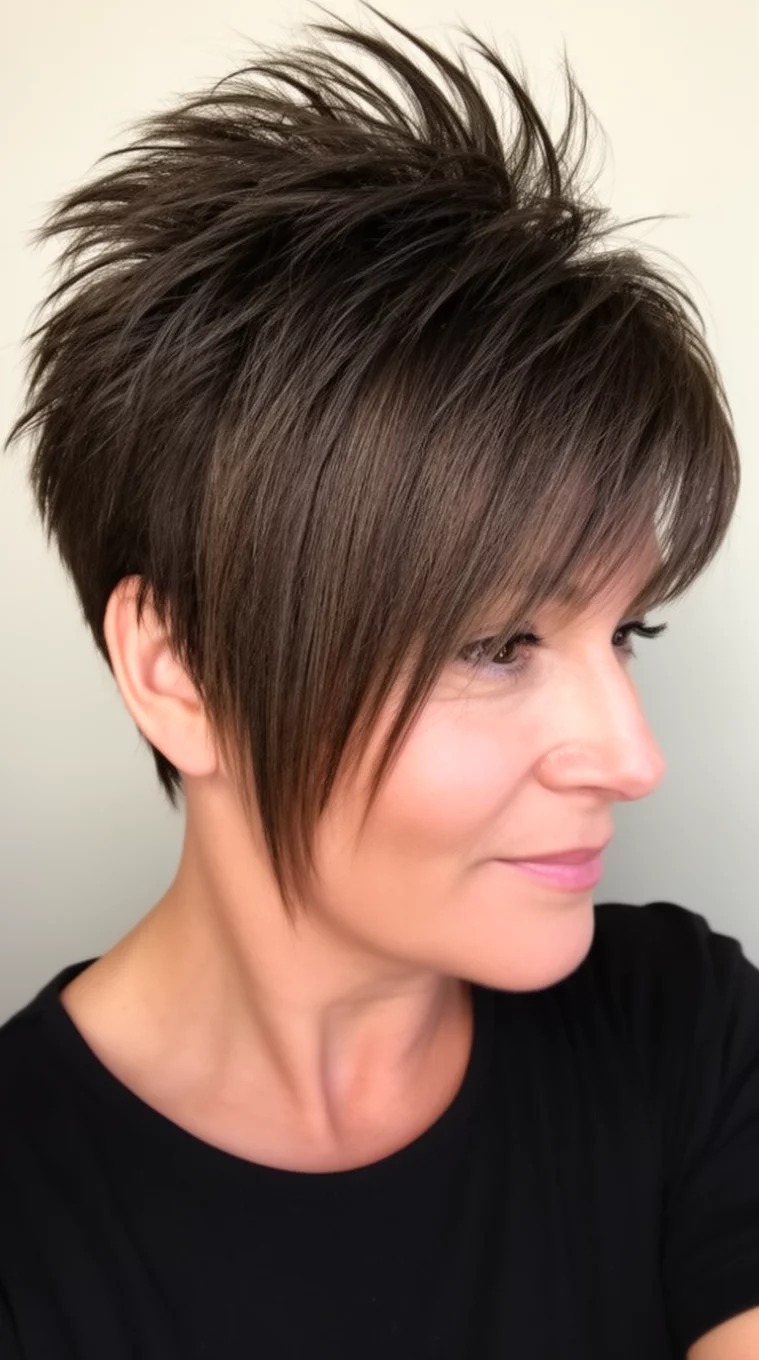 selfie of a 47-year-old woman wearing a black top with a very short, layered, spiky pixie cut with long sweeping bangs hairstyle, side view, minimal background