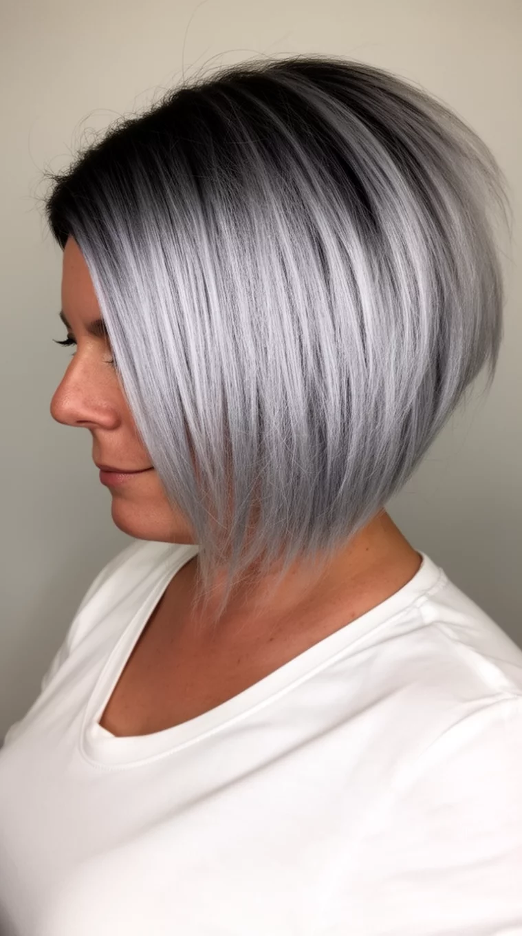 casual photo of a 44-year-old woman wearing a white top with a dramatically stacked, angled bob that is dark at the roots and fades to silver hairstyle, side view, minimal background