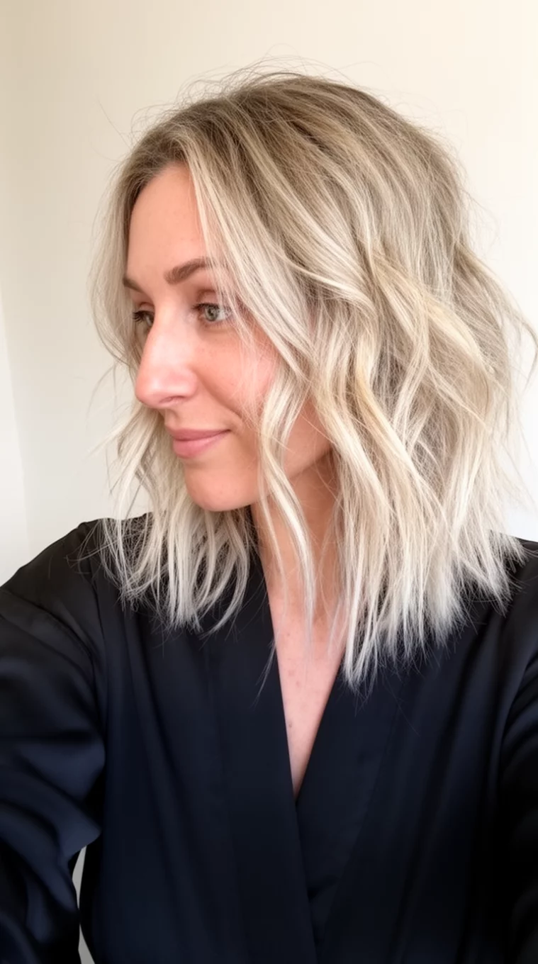 selfie of a 39-year-old woman wearing a black robe with a long, messy, blonde ashy lob with waves hairstyle, side view, minimal background