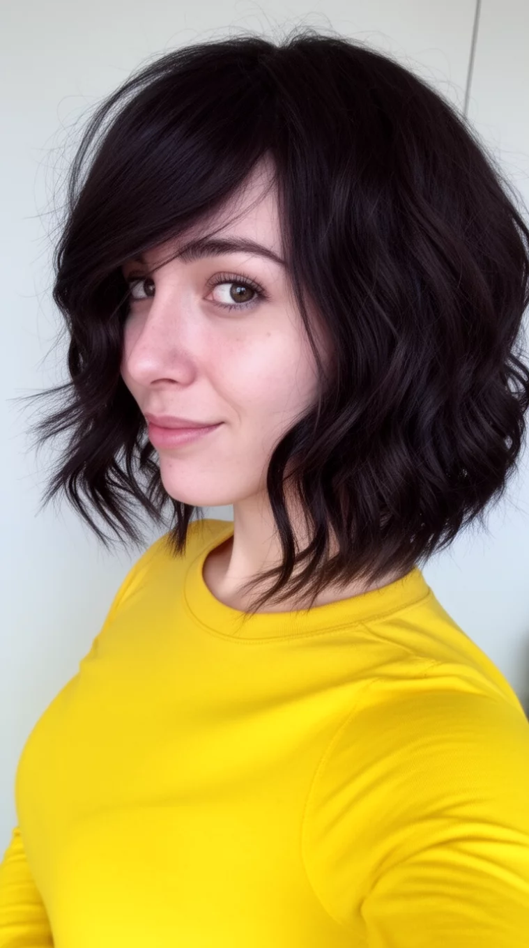 selfie of a 31-year-old woman wearing a yellow long-sleeved top with a dark brown, wavy, asymmetrical bob hairstyle, side view, minimal background