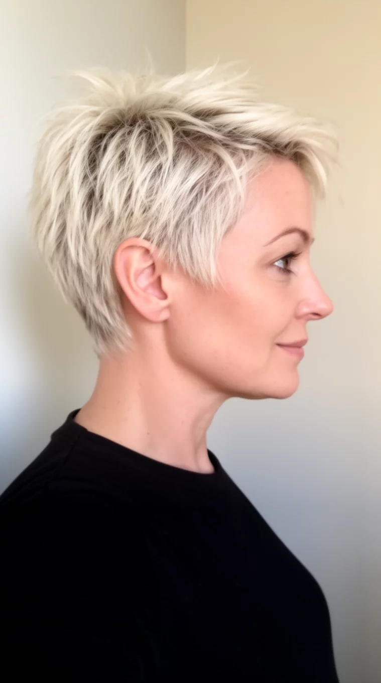 selfie of a 41-year-old woman wearing a black top with a choppy, platinum blonde short hair featuring layered sides hairstyle, side view, minimal background