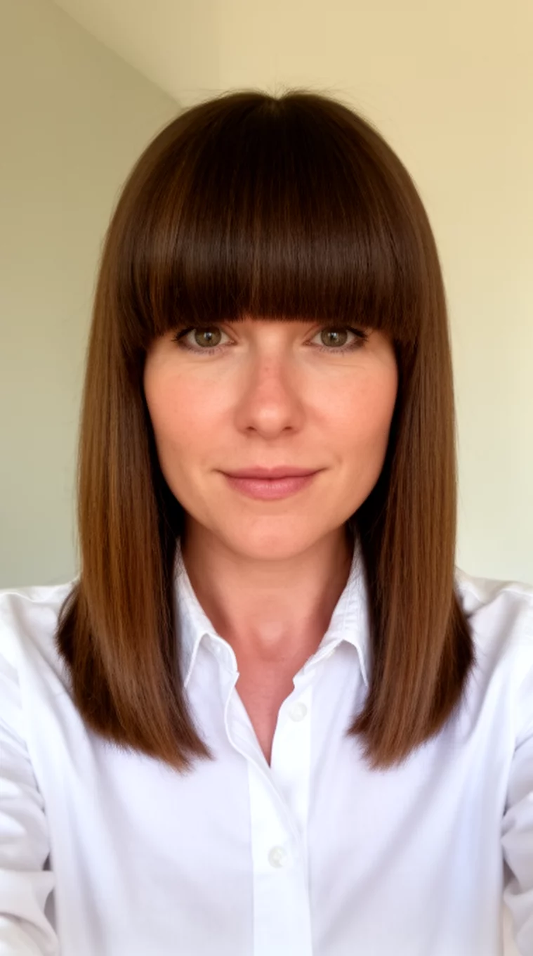 selfie of a 37-year-old woman wearing a white collared shirt with a straight, medium-length brown hair with thick bangs hairstyle, front view, minimal background