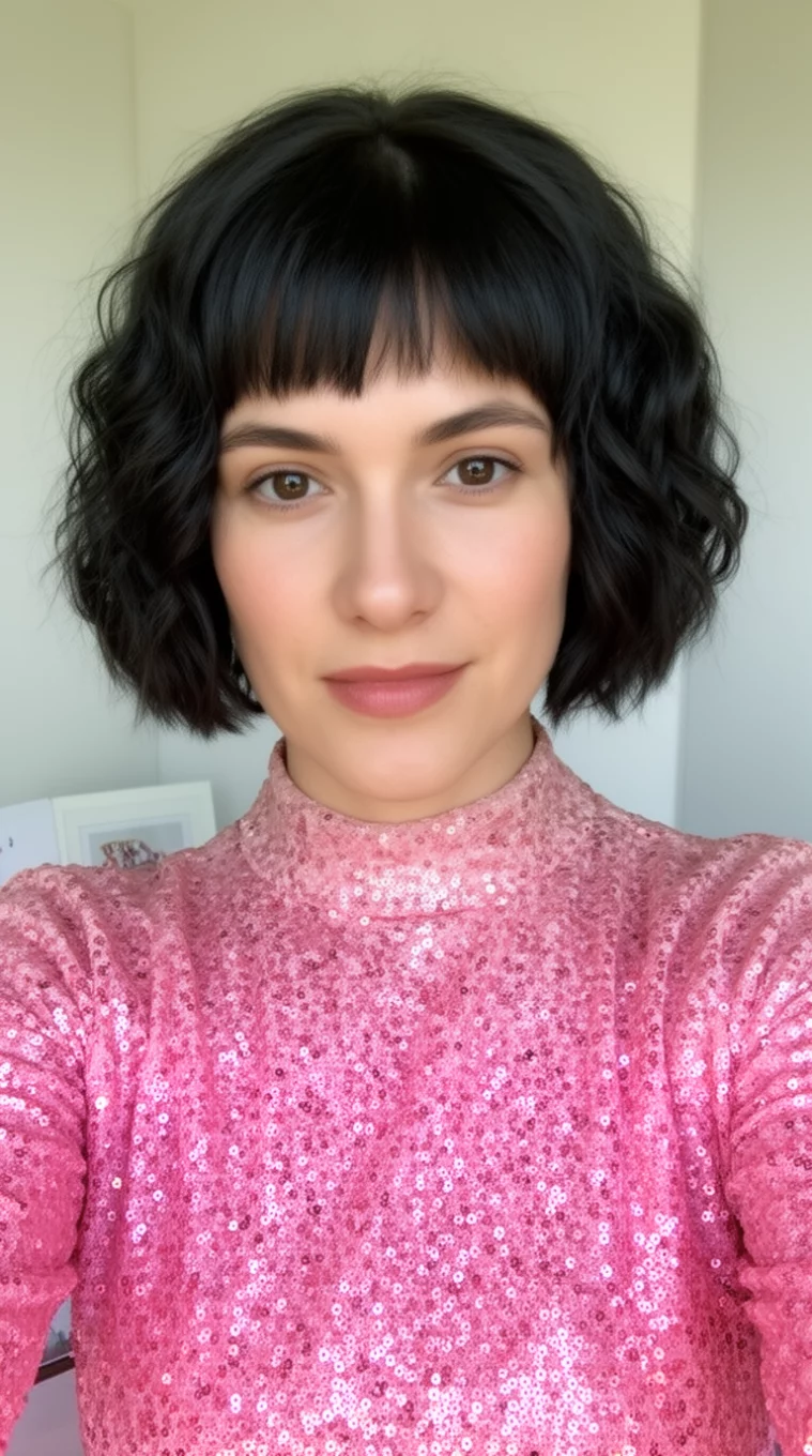 selfie of a 31-year-old woman wearing a pink sequined high-neck top with a short, dark, wavy bob hairstyle, front view, minimal background
