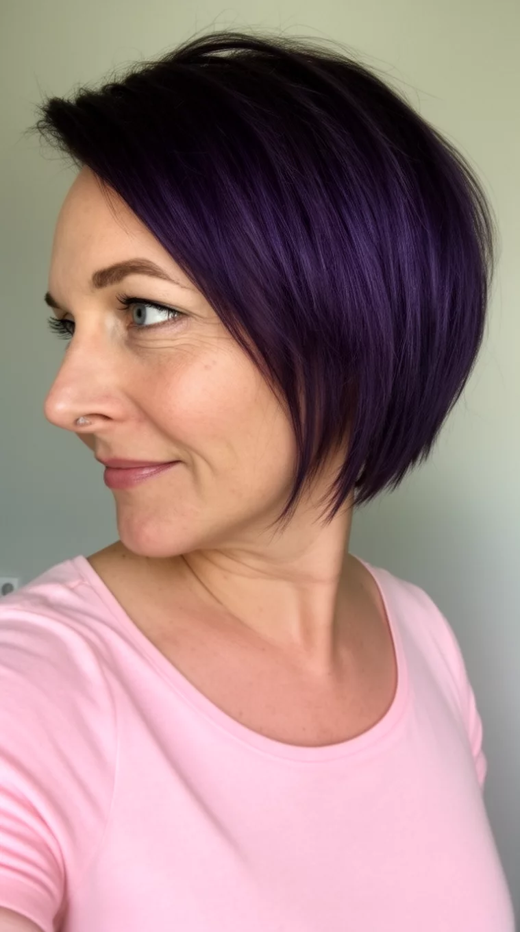 selfie of a 42-year-old woman wearing a light pink top with a very short, angled bob colored in dark purple tones hairstyle, side view, minimal background