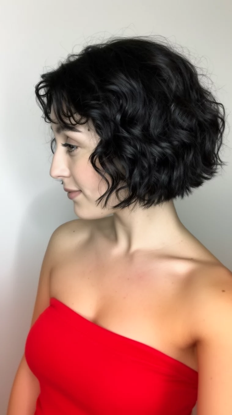 selfie of a 28-year-old woman wearing a red strapless top with a short, dark, wavy bob hairstyle, side view, minimal background
