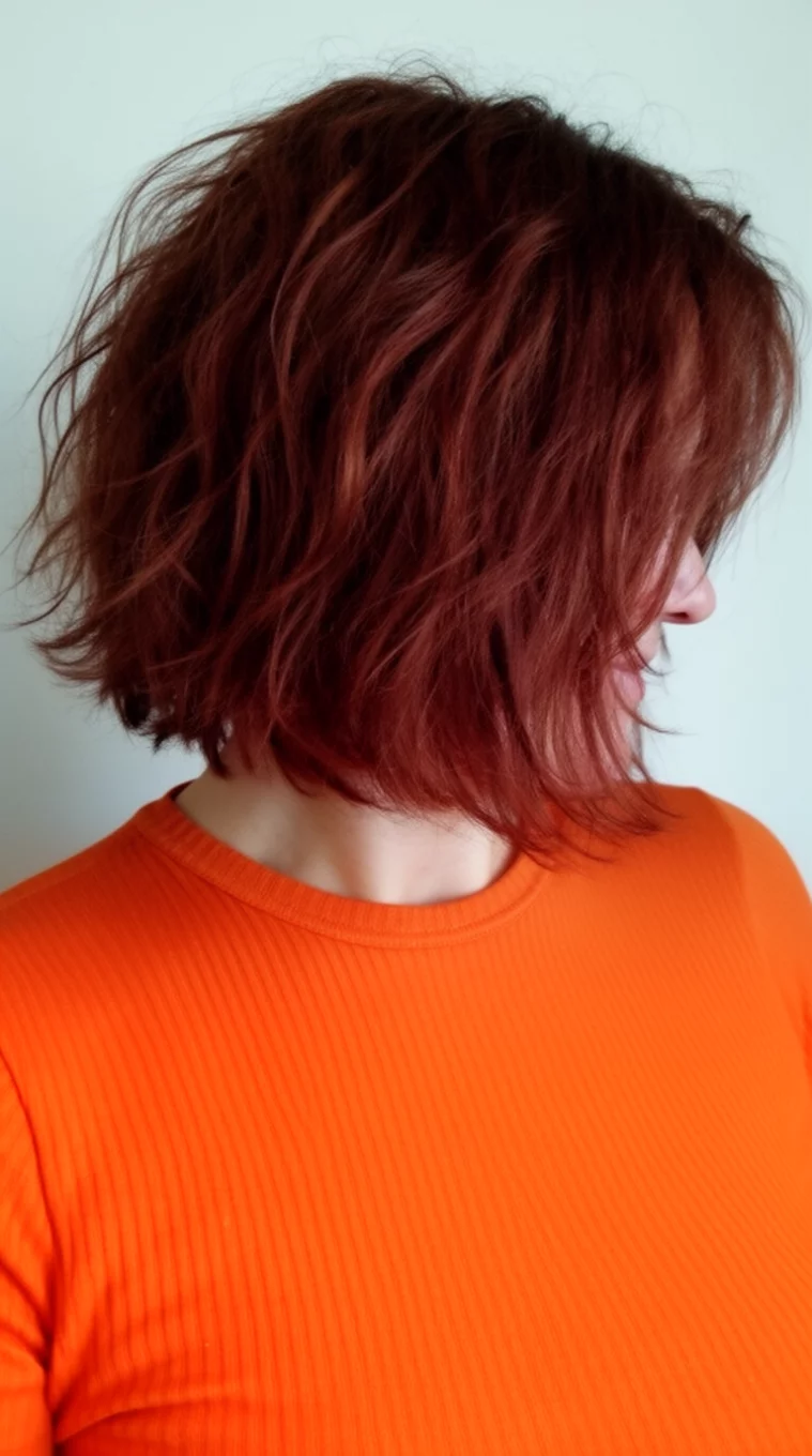 casual photo of a 35-year-old woman wearing an orange ribbed top with a shaggy, medium-length red-brown hair obscuring her face hairstyle, side view, minimal background