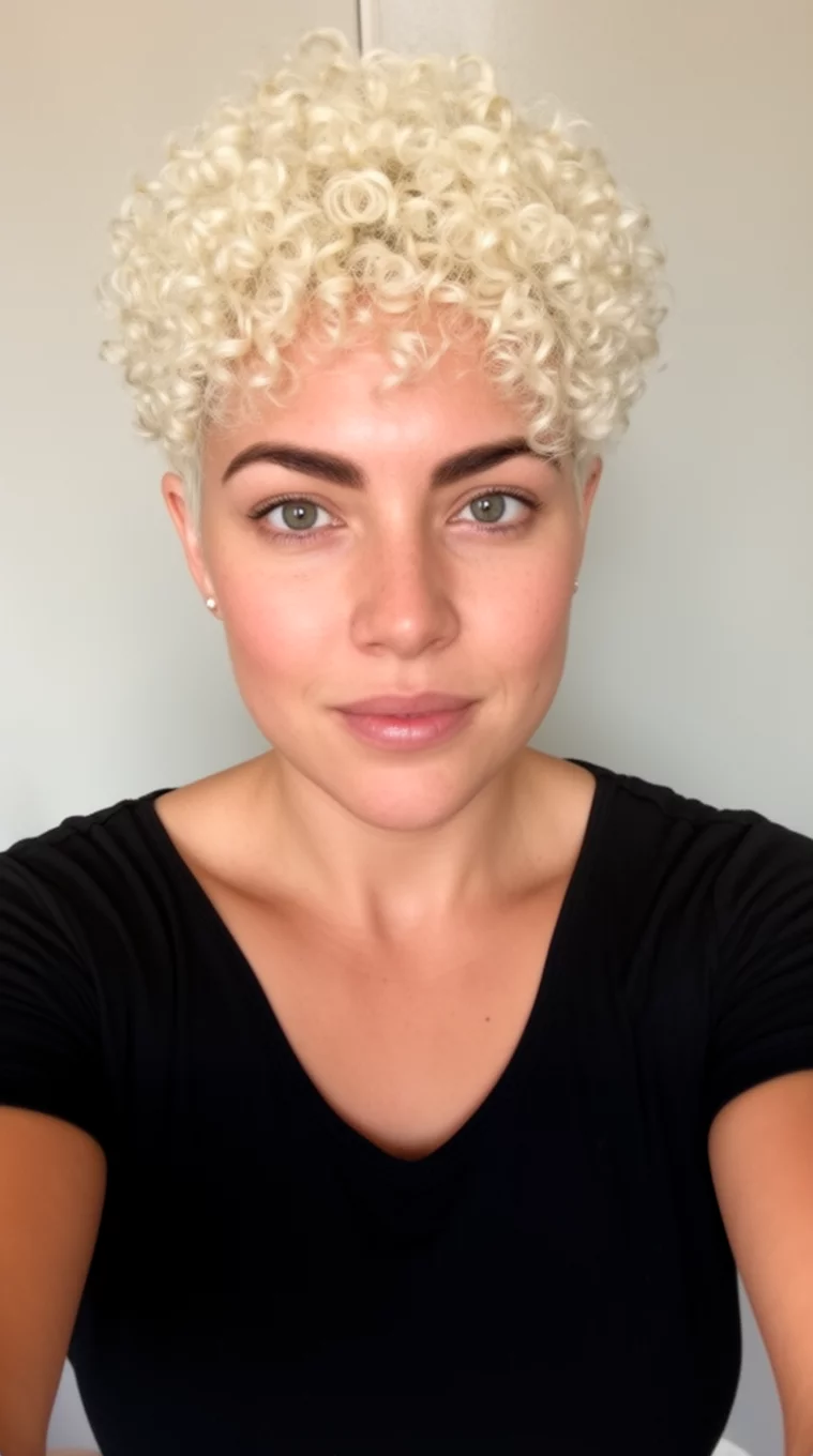 selfie of a 33-year-old woman wearing a black top with a very short, tightly curled hair bleached platinum blonde hairstyle, front view, minimal background