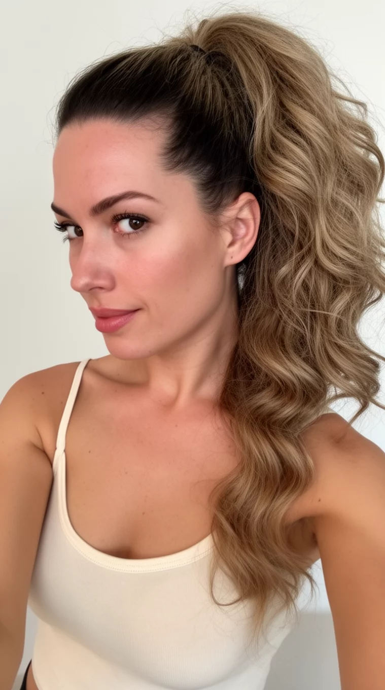 selfie of a 31-year-old woman wearing a minimal top with a Voluminous Sun Drenched Pony hairstyle, side view, minimal background
