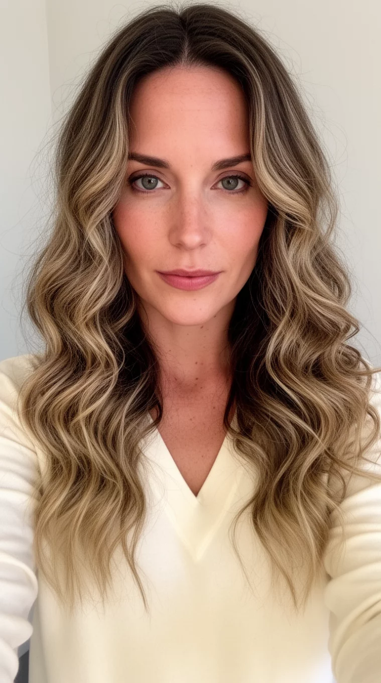 selfie of a 30-year-old woman wearing a cream V-neck top with an Ethereal Wavy Lengths hairstyle, front view, minimal background