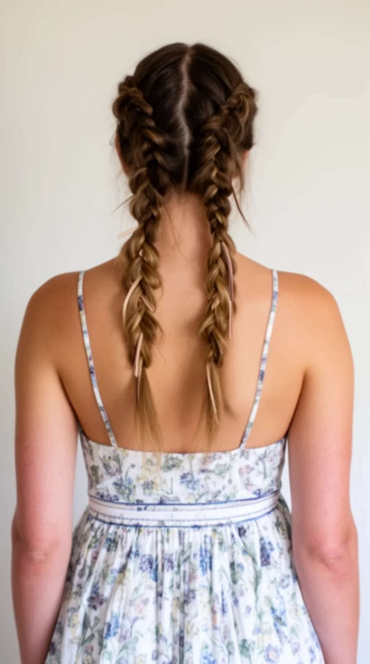 casual photo of a 33-year-old woman wearing a sundress with a Dual Braids with Ribbon Weaves hairstyle, back view, minimal background