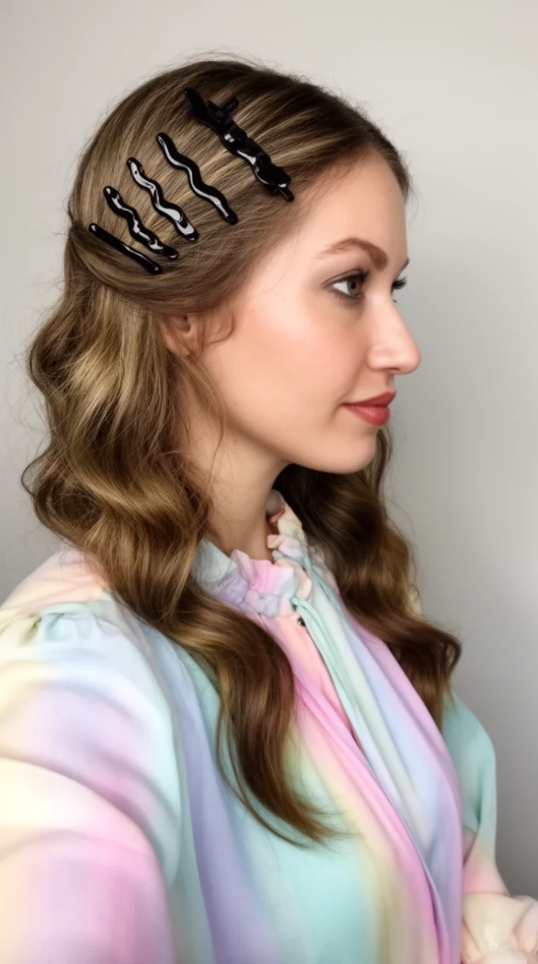 selfie of a 28-year-old woman wearing a pastel blouse with a Symmetry With Wavy Barrettes hairstyle, side view, minimal background