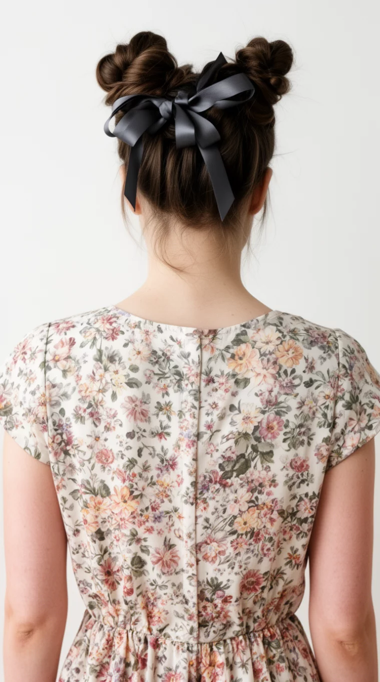 casual photo of a 27-year-old woman wearing a floral dress with a Ribboned Double Buns hairstyle, back view, minimal background