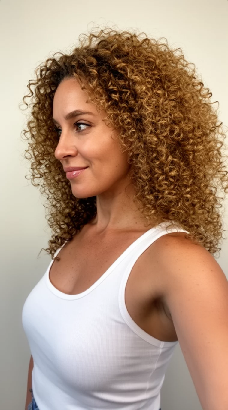 selfie of a 38-year-old woman wearing a white tank top with a Gilded Curly Mane hairstyle, side view, minimal background