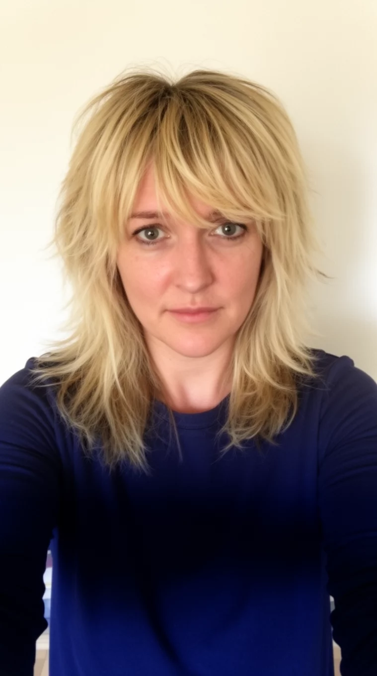 selfie of a 34-year-old woman wearing a dark blue top with a Layered Blonde Shag hairstyle, front view, minimal background