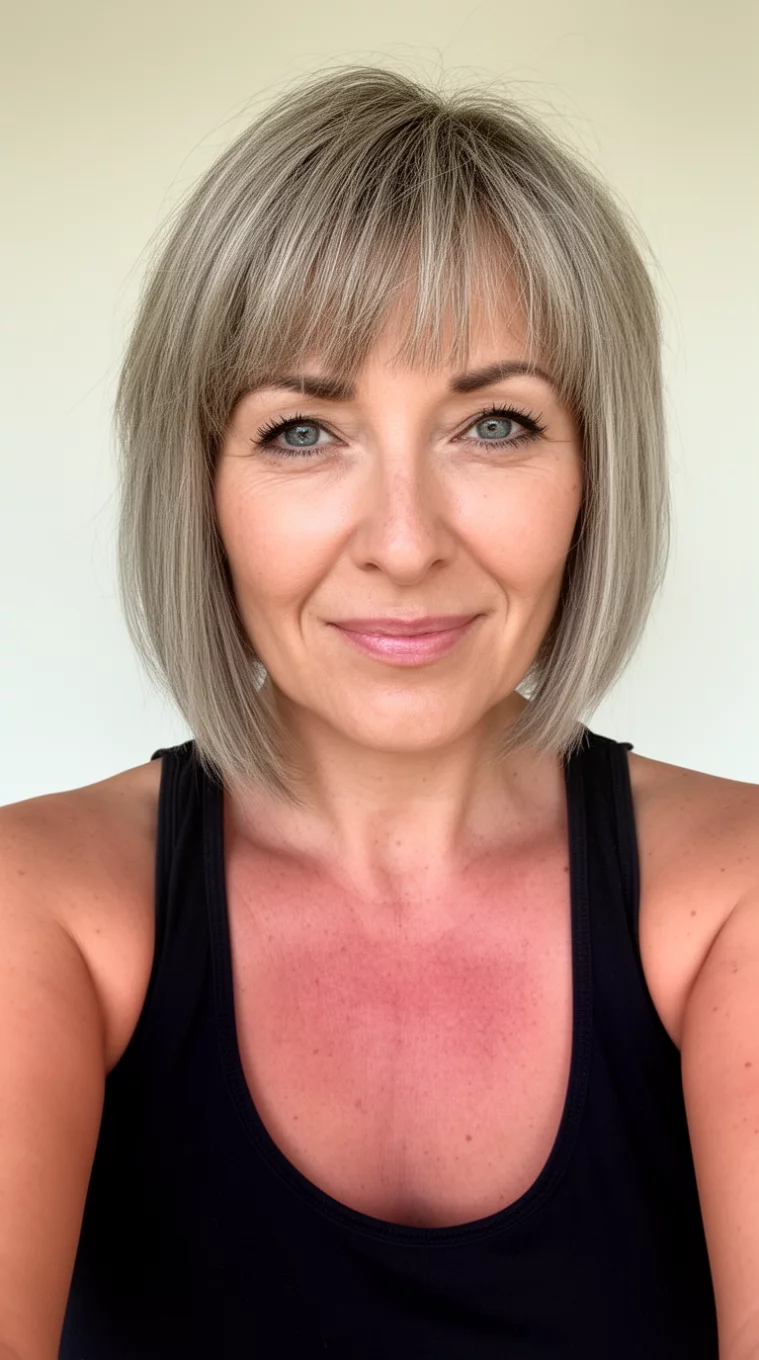 selfie of a 37-year-old woman wearing a black tank top with a Sunlit Glass Bob hairstyle, front view, minimal background