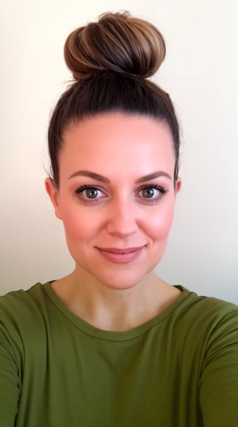 selfie of a 35-year-old woman wearing an olive green top with a Sky High Top Knot hairstyle, front view, minimal background
