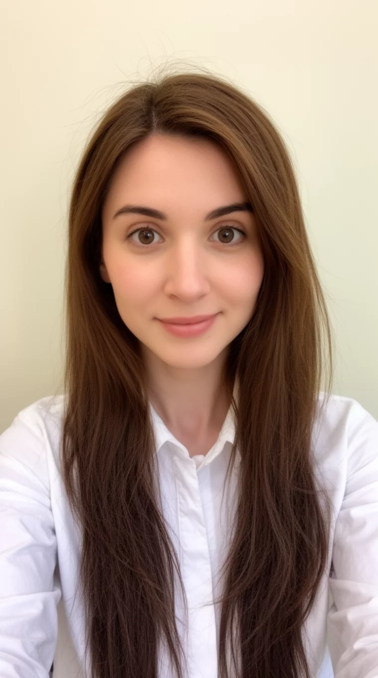 selfie of a 33-year-old woman wearing a white shirt with a Mushroom Brown colored long hairstyle, front view, minimal background