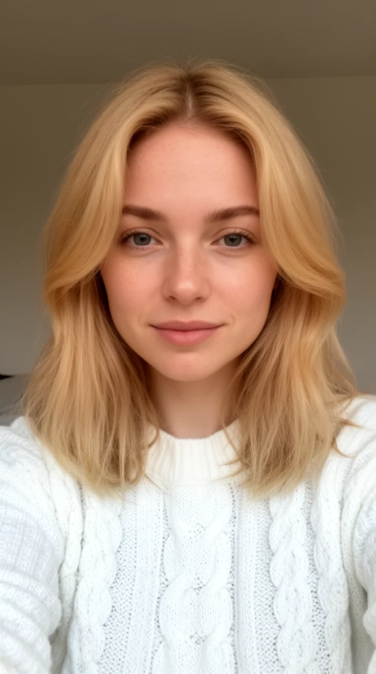 selfie of a 27-year-old woman wearing a white cable knit top with a Soft Wheat Blonde colored medium hairstyle, front view, minimal background