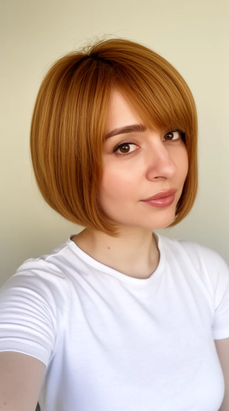 selfie of a 32-year-old woman wearing a white t-shirt with a Golden Honey Bob colored short hairstyle, side view, minimal background