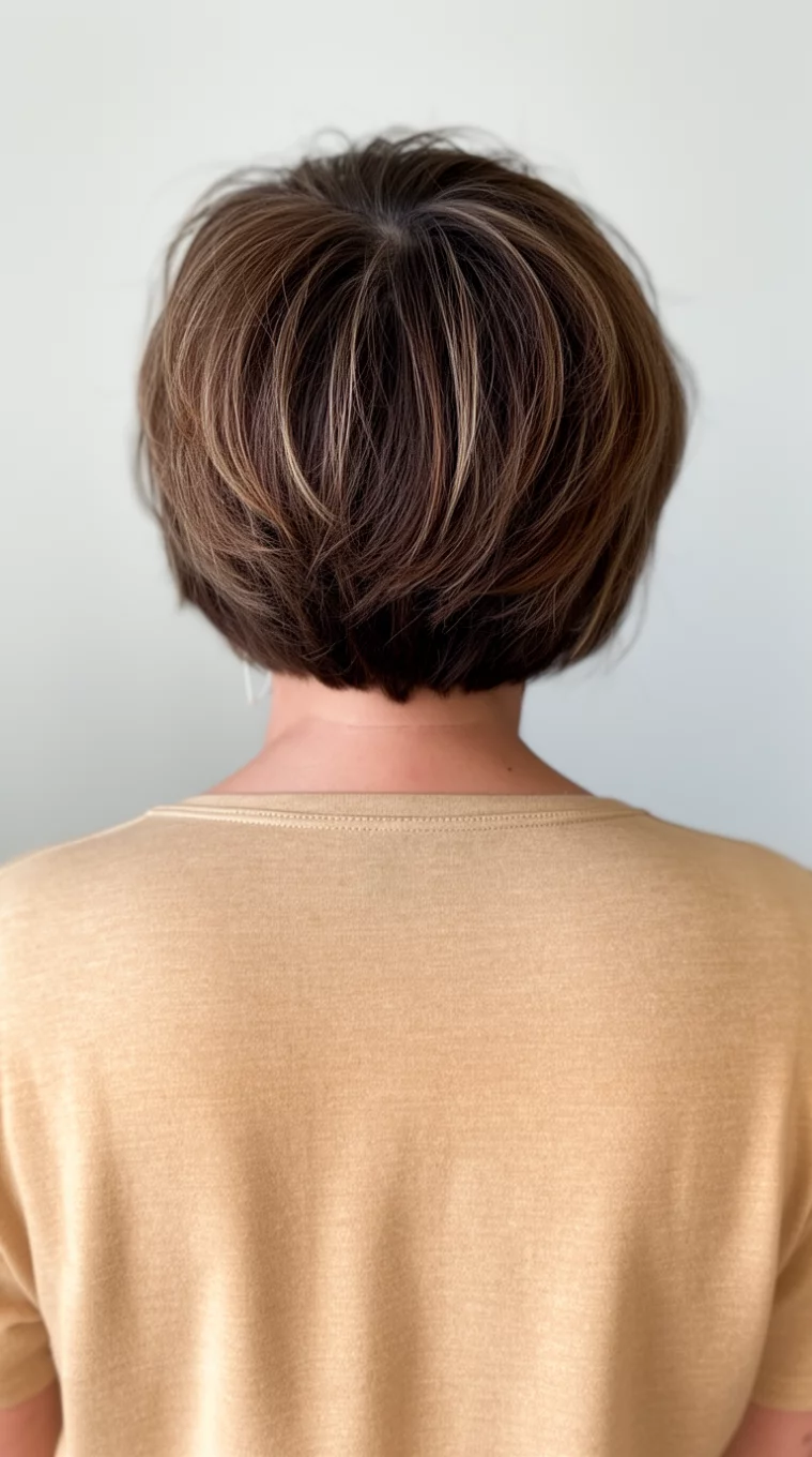 casual photo of a 46-year-old woman wearing a light tan top with a Tawny Brown With Micro Highlights colored short hairstyle, back view, minimal background