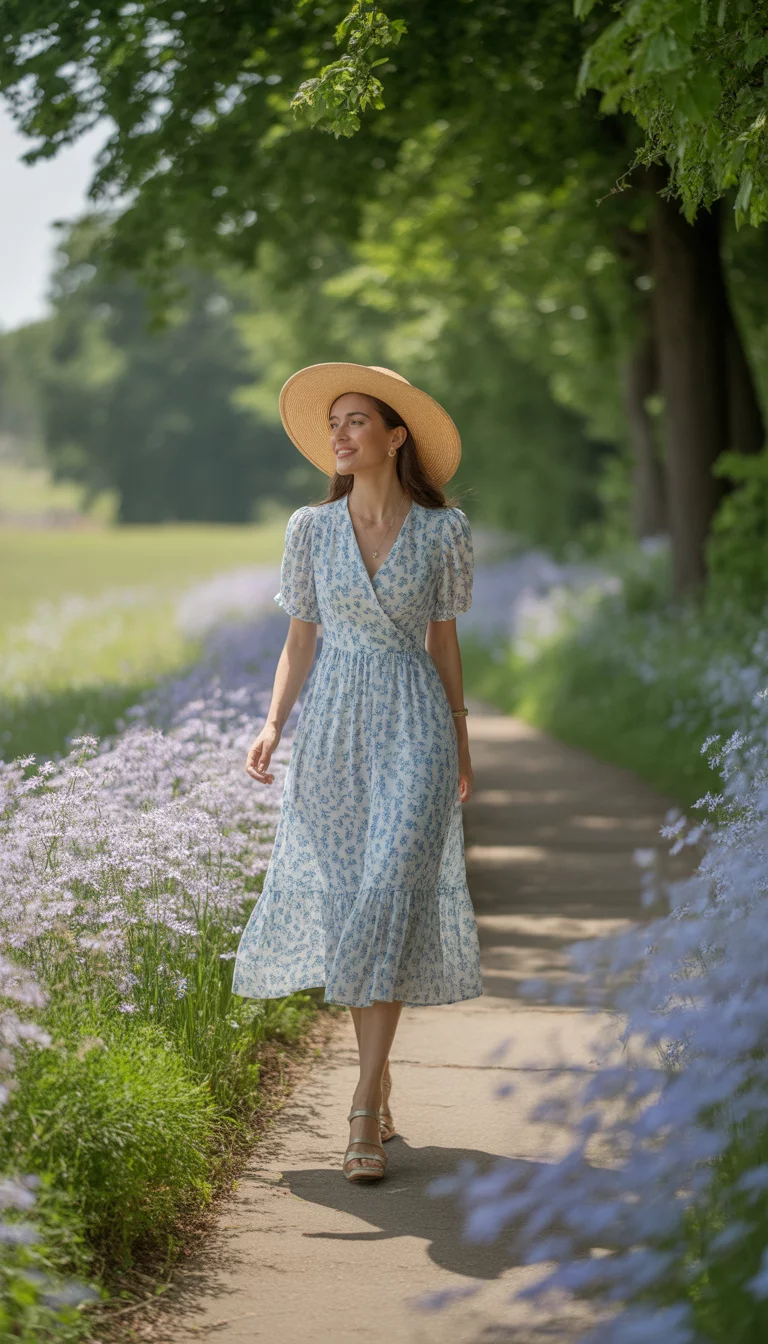 A beautiful woman in a blue and white tiny floral print midi dress and a wide straw sun hat, walking by a path lined with purple and blue spring flowers.
