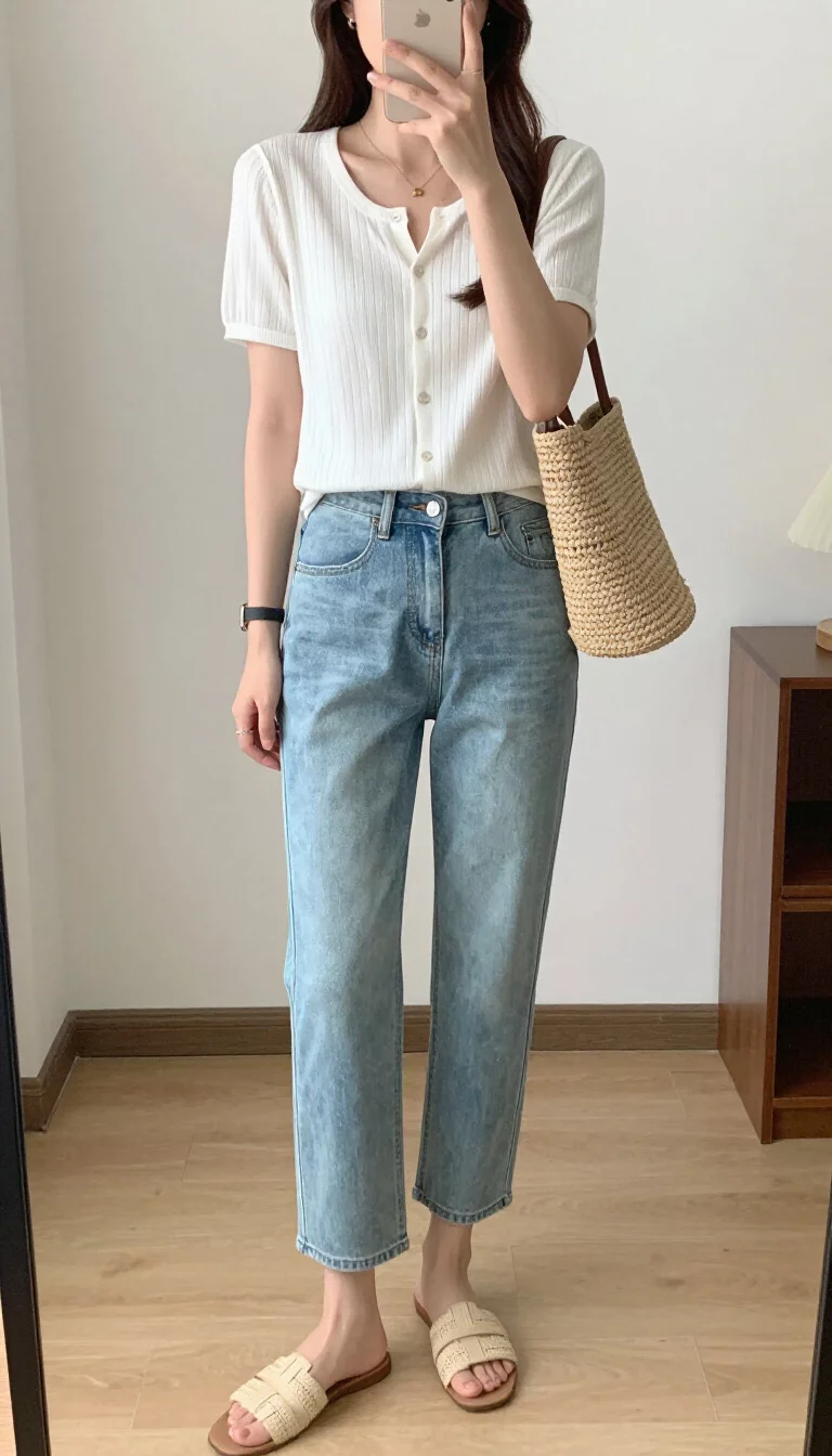 A beautiful woman in a white ribbed button up top, light wash cropped jeans, beige woven slides, and a straw bag, taking a mirror selfie indoors.