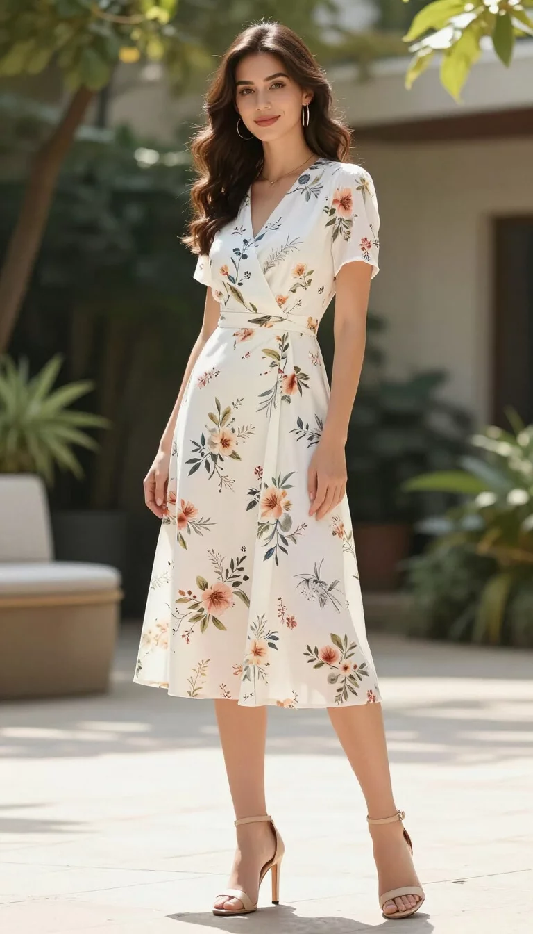 A beautiful woman in a white floral print midi dress with short sleeves and nude high heeled sandals, standing in a sunny outdoor garden setting.