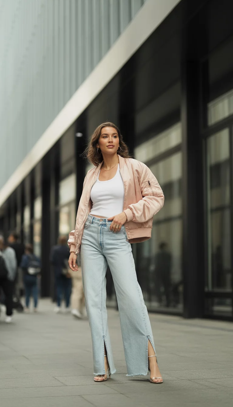 A beautiful woman in a white tank top, light rinse split hem jeans, a pale pink bomber jacket, and strappy heels, posing outside a modern building.