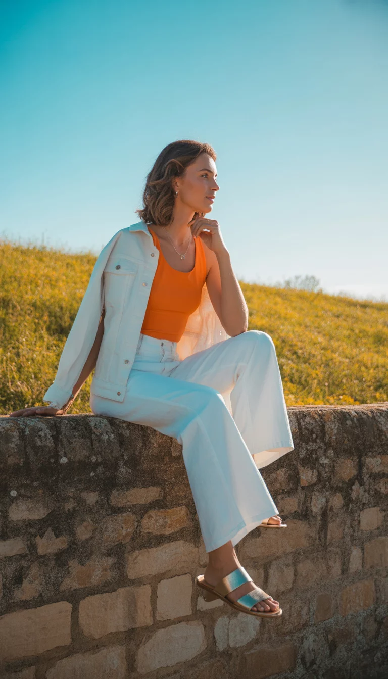 A beautiful woman in a bright orange top, white wide leg pants, a white denim jacket, and metallic sandals, sitting on a stone wall.