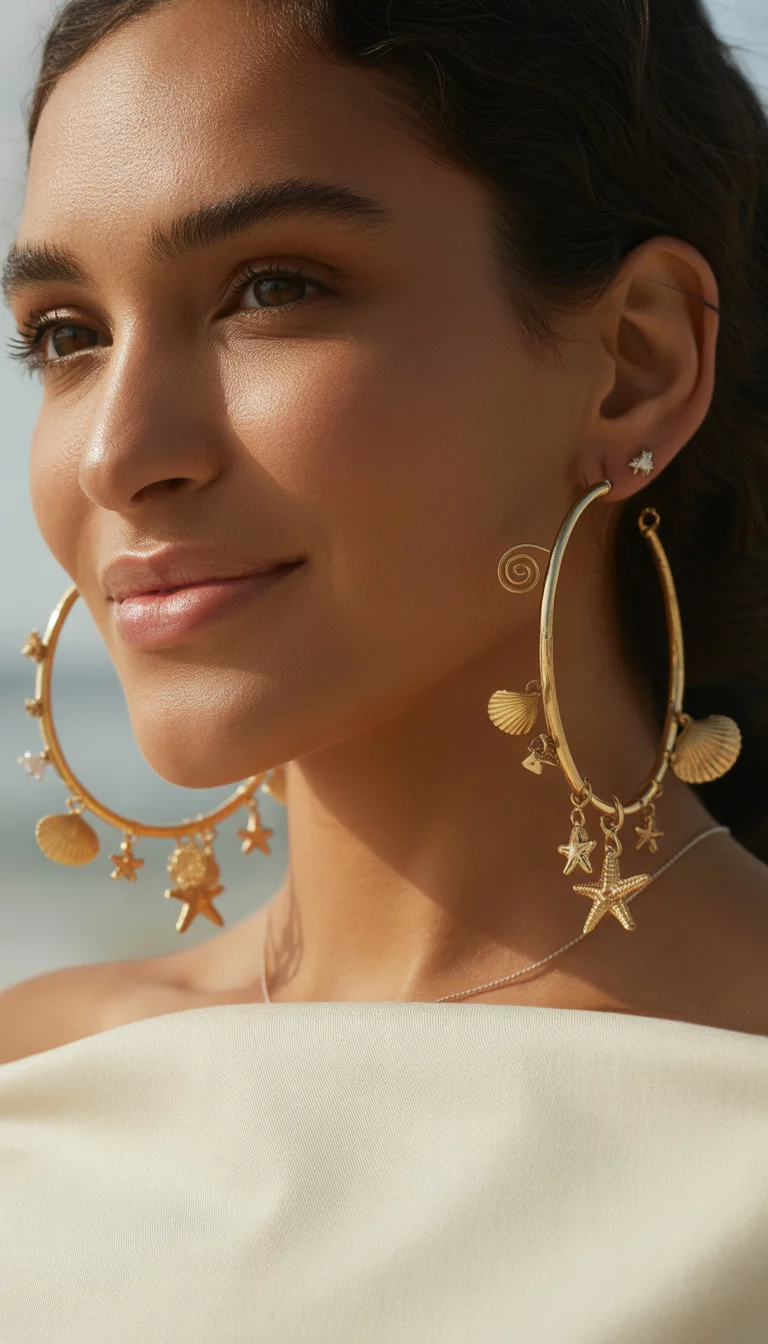 Seashell Detailed Gold Hoops A beautiful 36-year-old woman wears oversized gold hoop earrings intricately detailed with dangling seashells, spiral shapes, and small starfish charms around the hoop, her hair swept to one side.