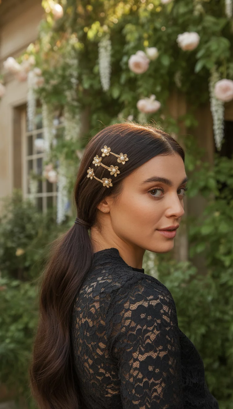 Gold Floral Pearl Hair Ties A beautiful 26-year-old woman with long, straight dark hair in a low ponytail secured with three gold floral hair ties featuring small pearl centers, wearing a black lace top in a garden setting.