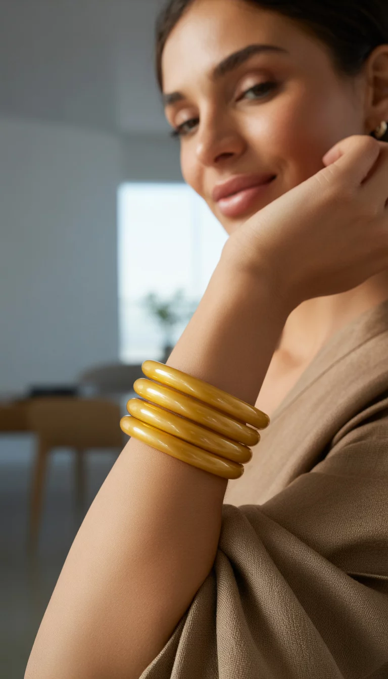 Stacked Gold Plastic Bangles A beautiful 37-year-old woman shows a close-up of her forearm displaying four thick, smooth, shiny gold plastic bangles stacked together worn over a brown top in a modern interior.
