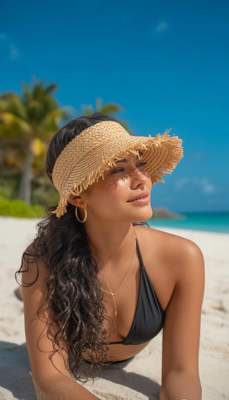 Fringed Straw Visor A beautiful 25-year-old woman with long, dark, wavy hair wears a fringed straw visor with a natural straw color, paired with a black bikini top and small gold hoop earrings on a sunny day.
