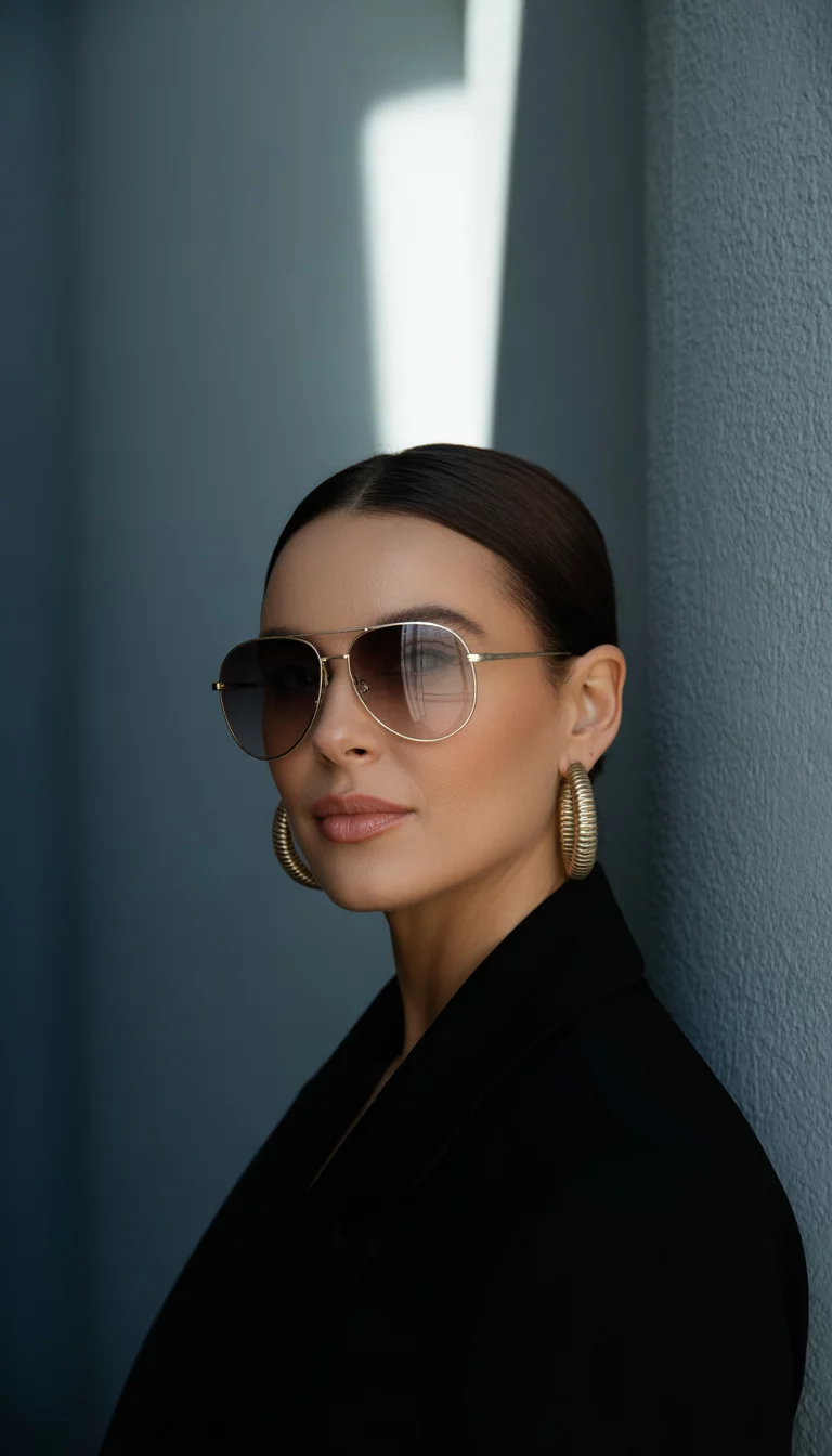 Gold Aviators And Ribbed Hoops A beautiful 38-year-old woman with dark brown hair slicked back wears large, gold-rimmed aviator sunglasses with gradient lenses and ribbed gold hoop earrings, looking confidently at the camera.