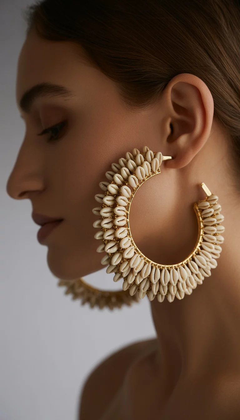 Cowrie Shell Gold Hoops A beautiful 32-year-old woman shows a close-up of her ear showing large, gold hoop earrings densely adorned with staggered rows of white cowrie shells, her hair pulled back.